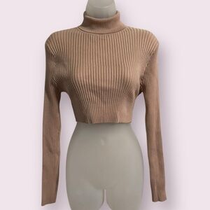 Fashion Nova Tan Ribbed Turtleneck Crop Top Long Sleeve Size L